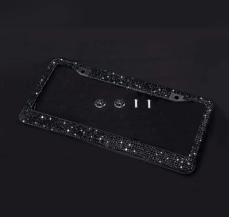 Bling Crystal stainless steel licence plate frame with diamond finish, 31x16cm, black or white, with anti-theft screw caps
