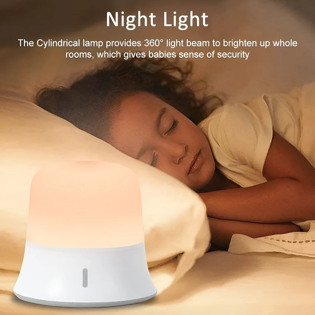 White bedside night light with touch controls, motion sensor, and rechargeable battery.