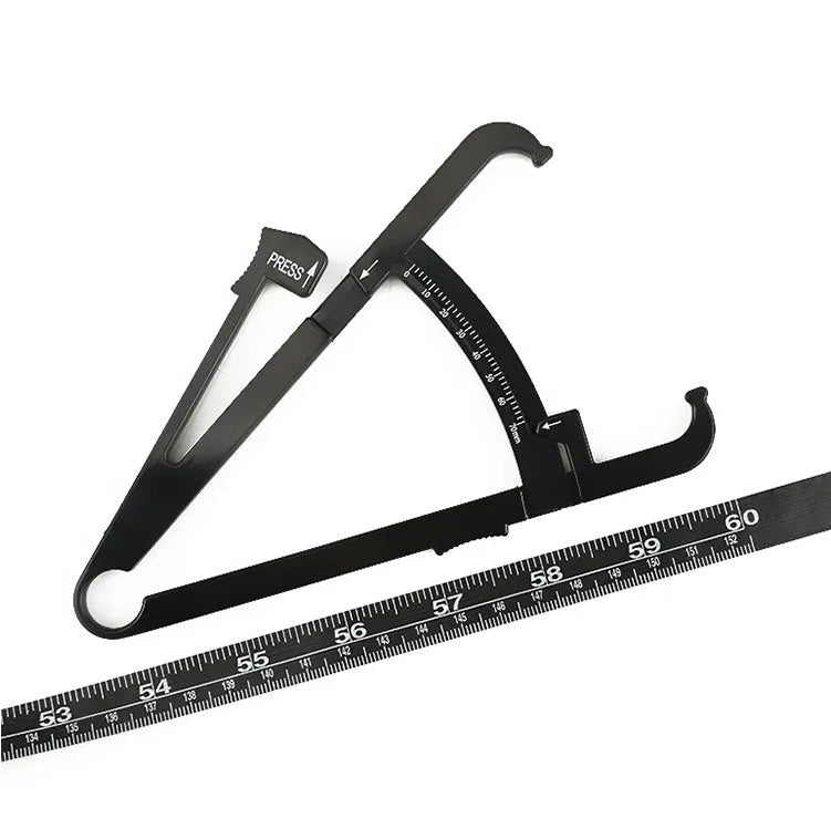 Black body fat caliper skinfold measurement tool with 0-70mm gauge and two fabric measuring tapes.