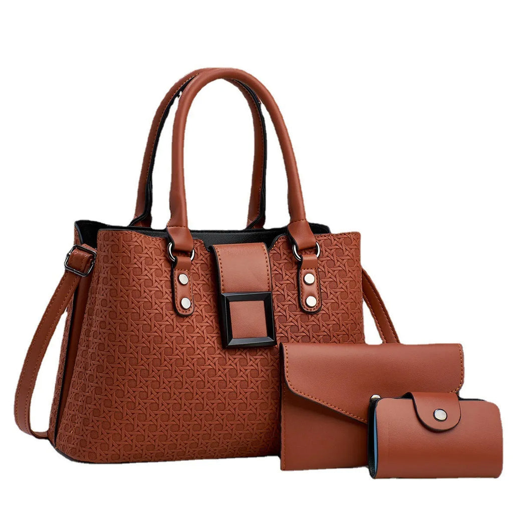 Three-piece textured PU leather women's shoulder bag set in square vertical shape with open pocket