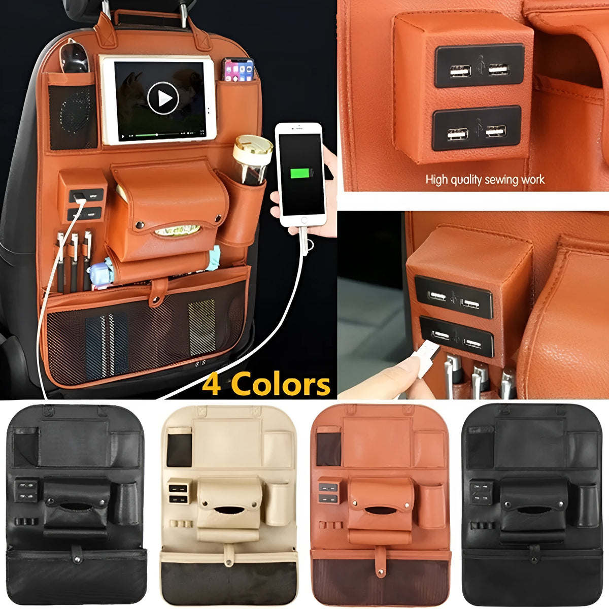 Car backrest storage bag in black leather with USB port and charging head, attached to a car seat