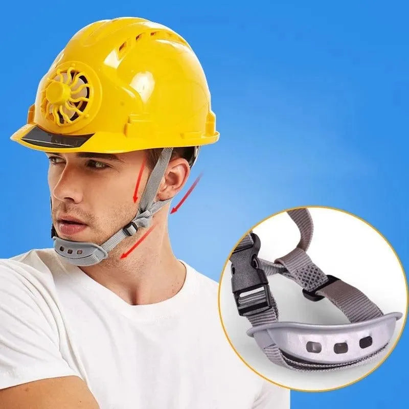 PE sunshade helmet with solar fan for construction site sun protection, shown in blue, red, white or yellow