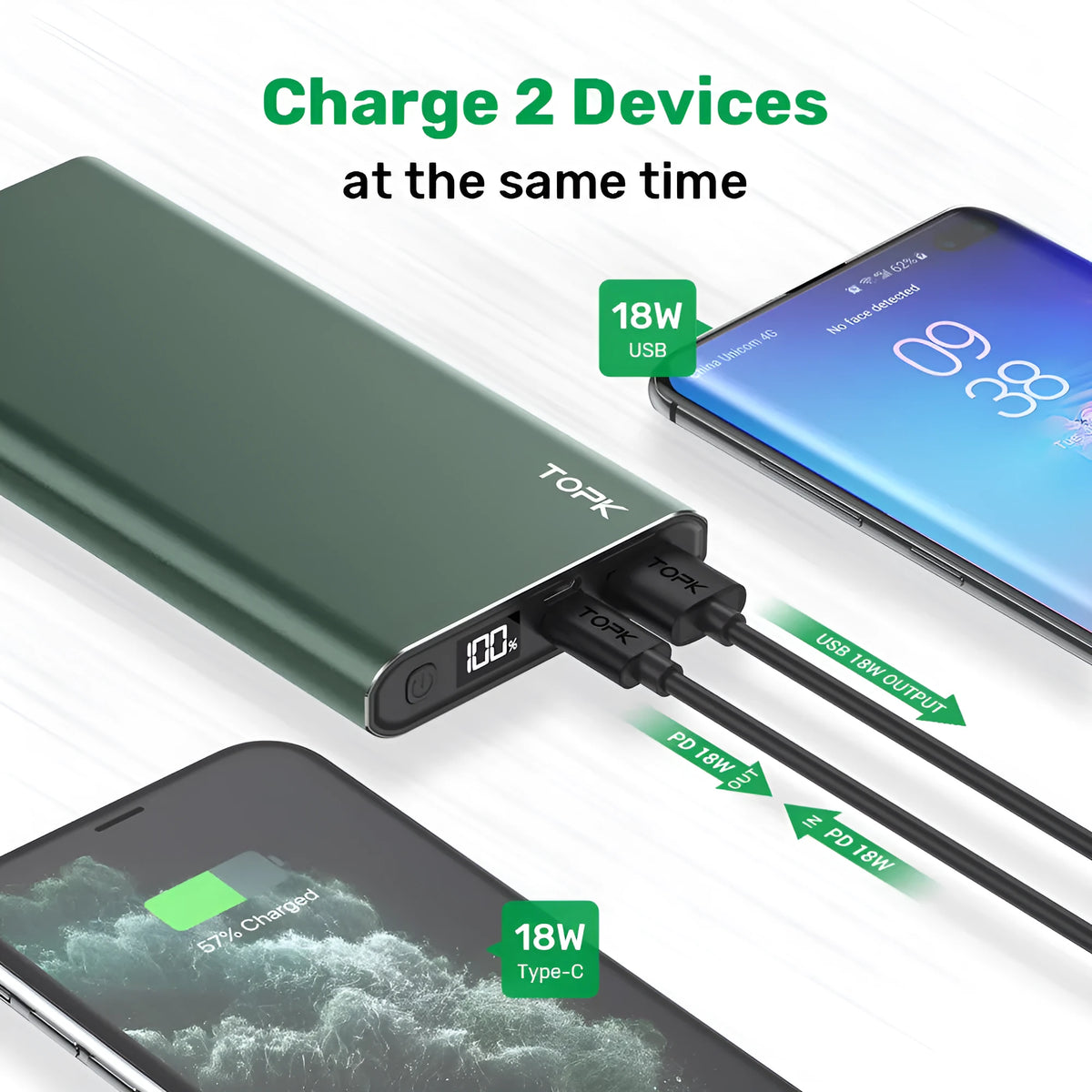 Silver 10,000 mAh fast charging power bank with digital display and metal shell on white background