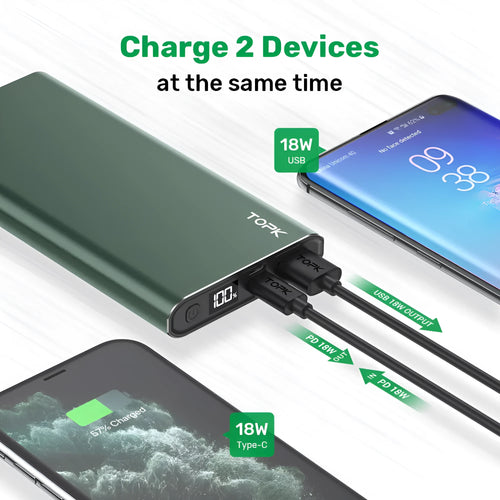 Silver 10,000 mAh fast charging power bank with digital display and metal shell on white background