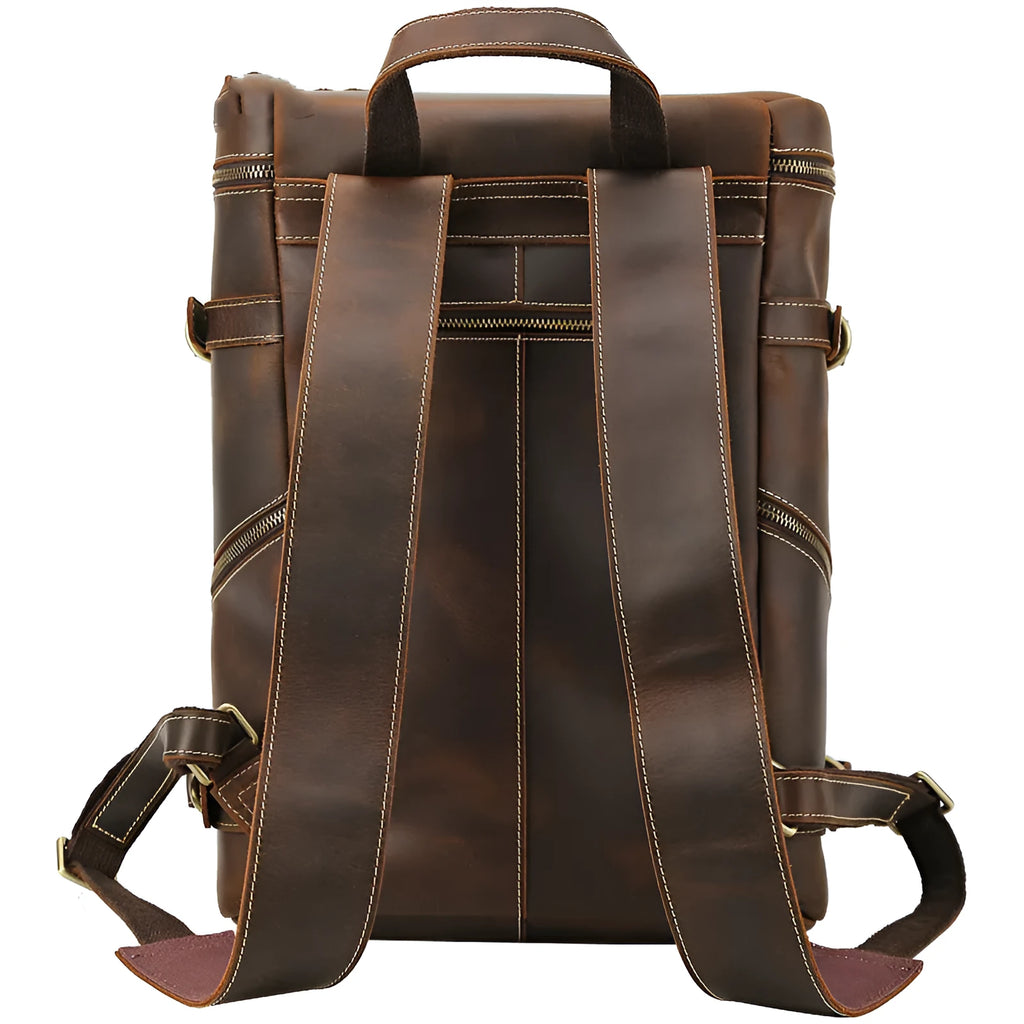 Large brown leather backpack with zipper closure, under 20L capacity