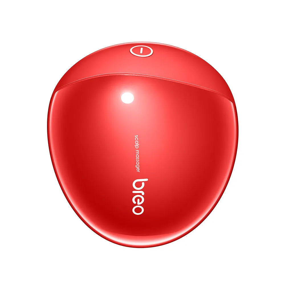 Red handheld electric scalp massager with soft silicone bristles showing 110mm x 120mm x 82mm dimensions
