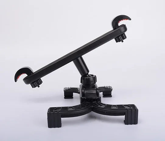 Black car seat tablet holder mounted on headrest with iPad