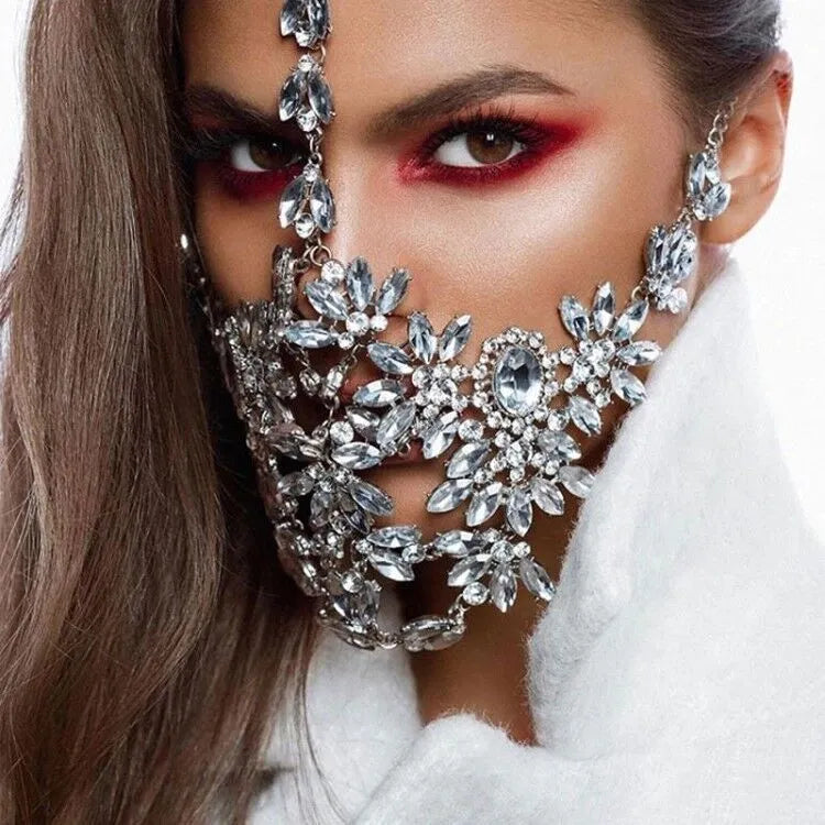 Silver rhinestone face mask, plastic decorative mask in an OPP bag for party and gift use