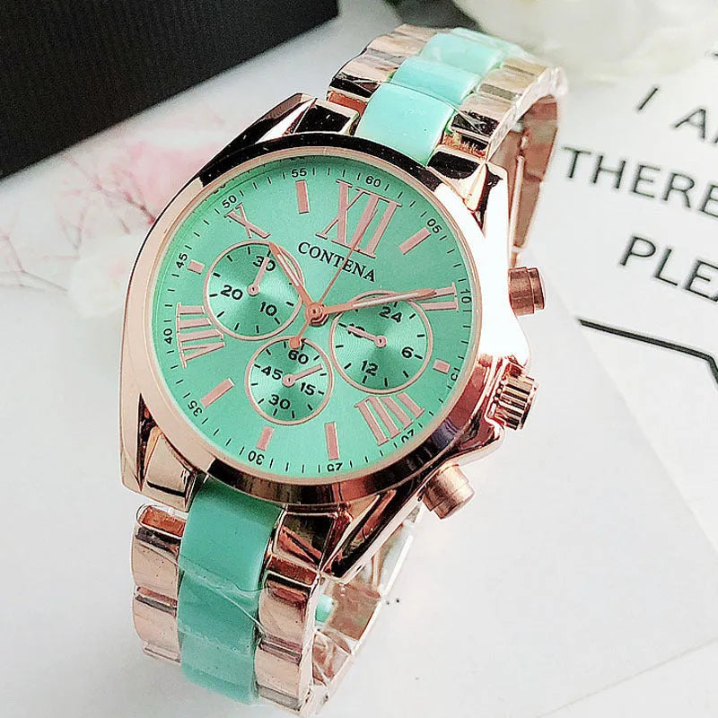 Fashion student wristwatch with round stainless steel case, mineral glass mirror, stainless steel strap, and single fold buckle