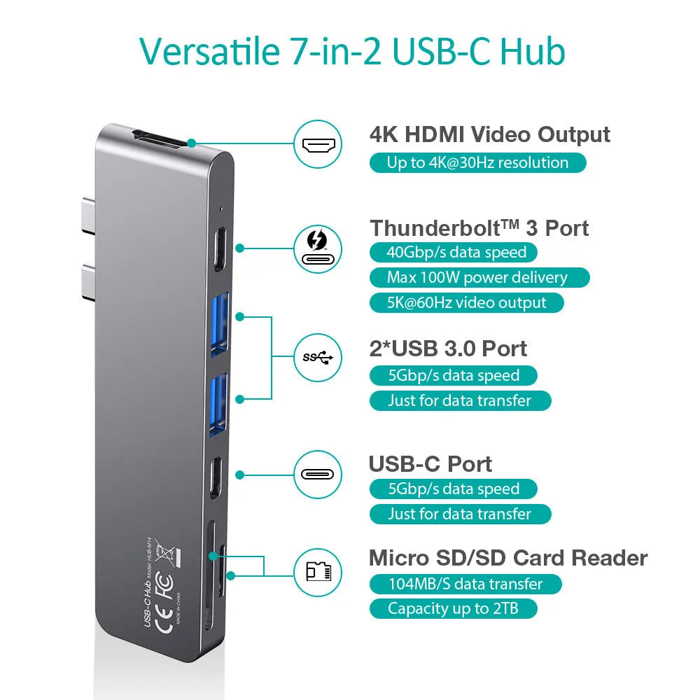 Aluminium USB C hub adapter with SD card reader, HDMI, Thunderbolt 3 and USB 3.0 ports