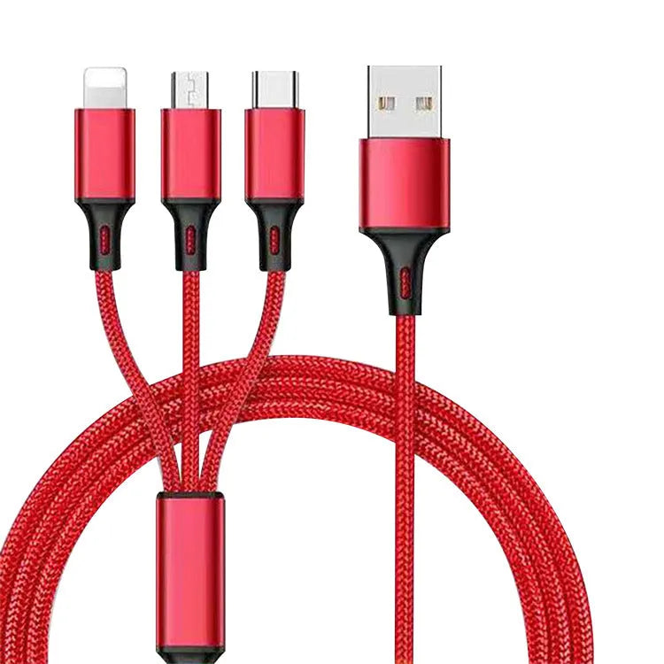 Three-in-one charging cable 1.2 metres long with TPE and nylon braid in multiple colour options