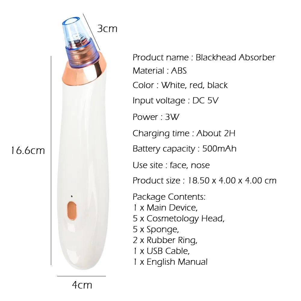 Handheld electric blackhead remover pore cleaner tool in black, gold, red, or white colour.