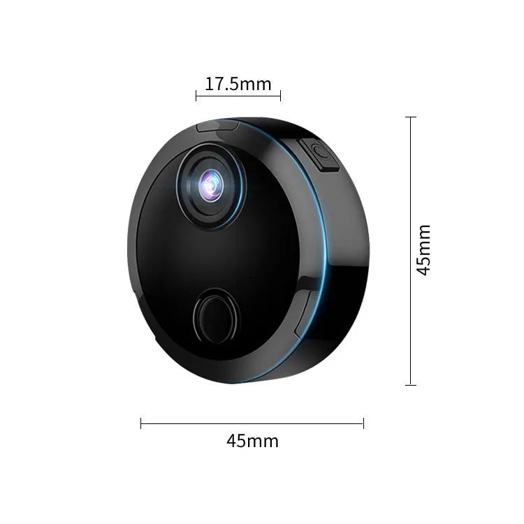 HDQ15 home security camera with bracket and back clip on a white background showing its compact 45x45x13mm size