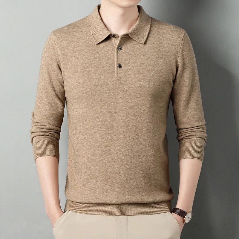 Men's winter wool lapel long sleeve sweater in camel colour, thick knit, simple style, front view