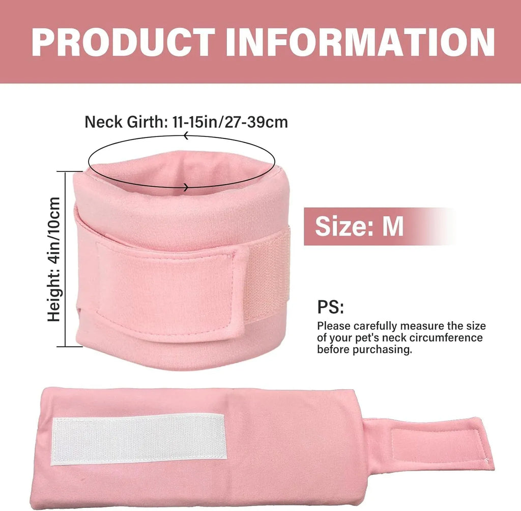 Grey and pink soft fabric recovery cone collars for cats and dogs in four different sizes.