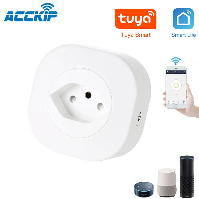 White smart socket plug with WiFi and voice control logo, showing EU/US plug pins.