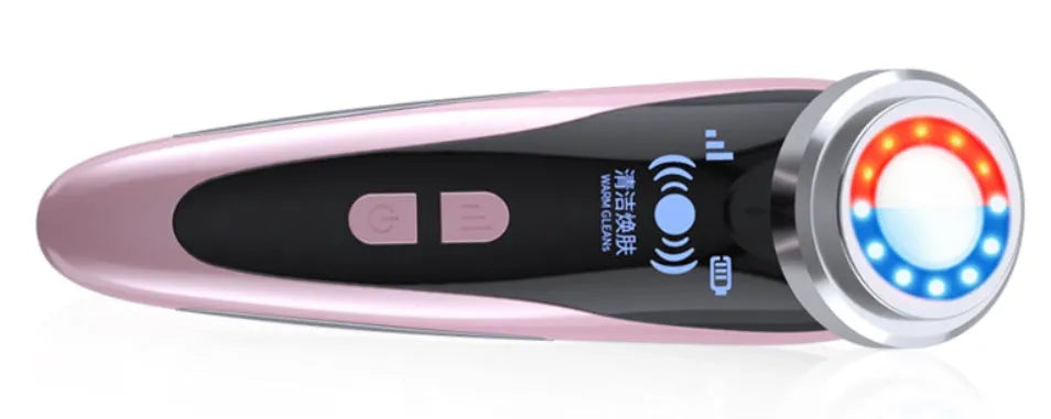 Beauty instrument cleanser in rose pink, 48x55x153 mm, with three speed buttons