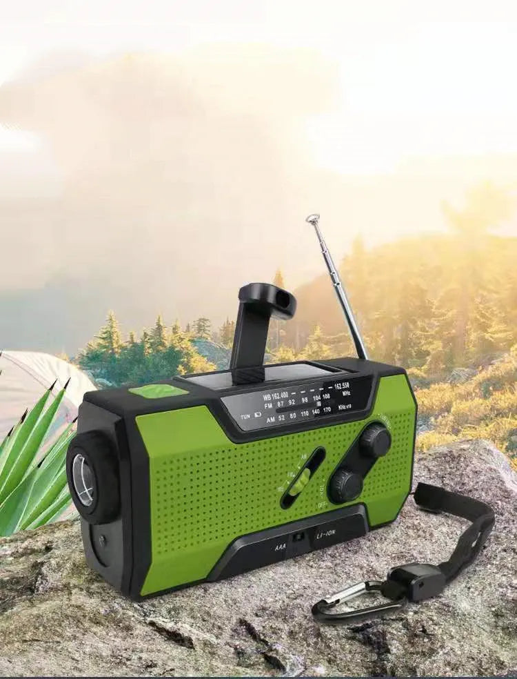 Pocket solar radio in engineering plastic, waterproof, solar charging, available in green, red, white, and yellow.