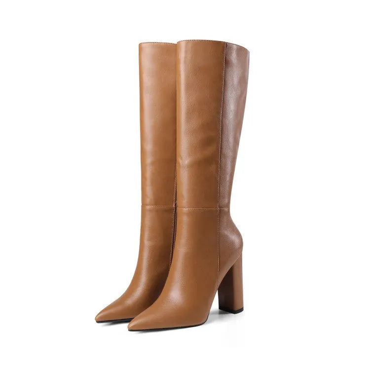 Women's pointed toe chunky heel high boots in solid colour microfiber upper side zipper