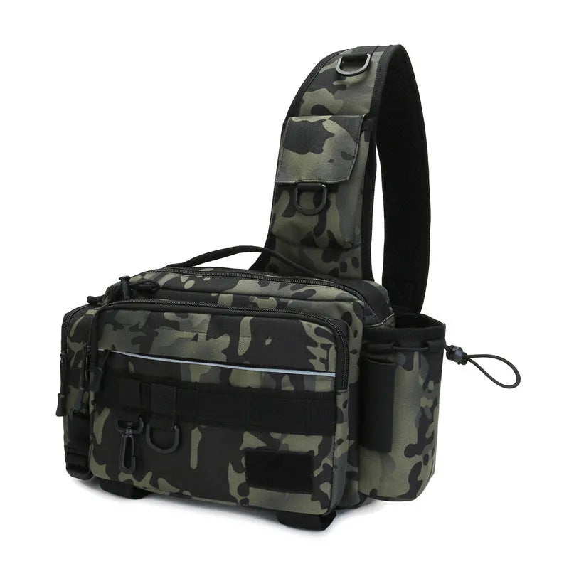 Large-capacity polyester multifunctional outdoor fishing bag in solid colour with shoulder strap