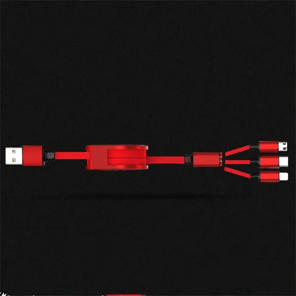 Black telescopic charging cable with three connectors extended to full 1 metre length