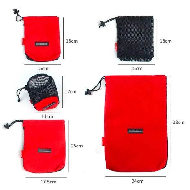 Five Oxford drawstring bags with 200D cloth and mesh in a set for storage and travel