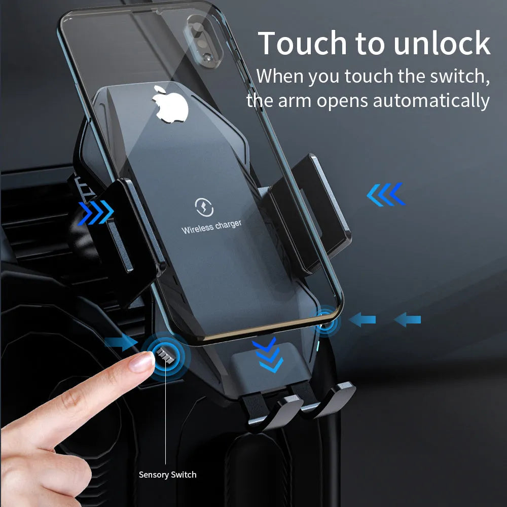 Car wireless charging unit with chuck and suction cup mounting options in black and grey colours
