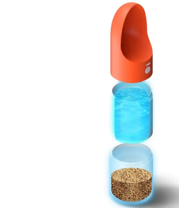 Moestar rocket-shaped pet drinking cup in white with grey or orange accents showing one-button lock mechanism