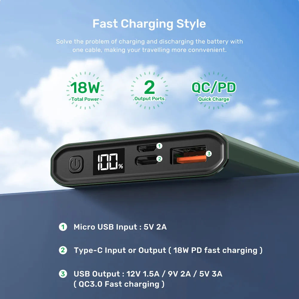 Silver 10,000 mAh fast charging power bank with digital display and metal shell on white background