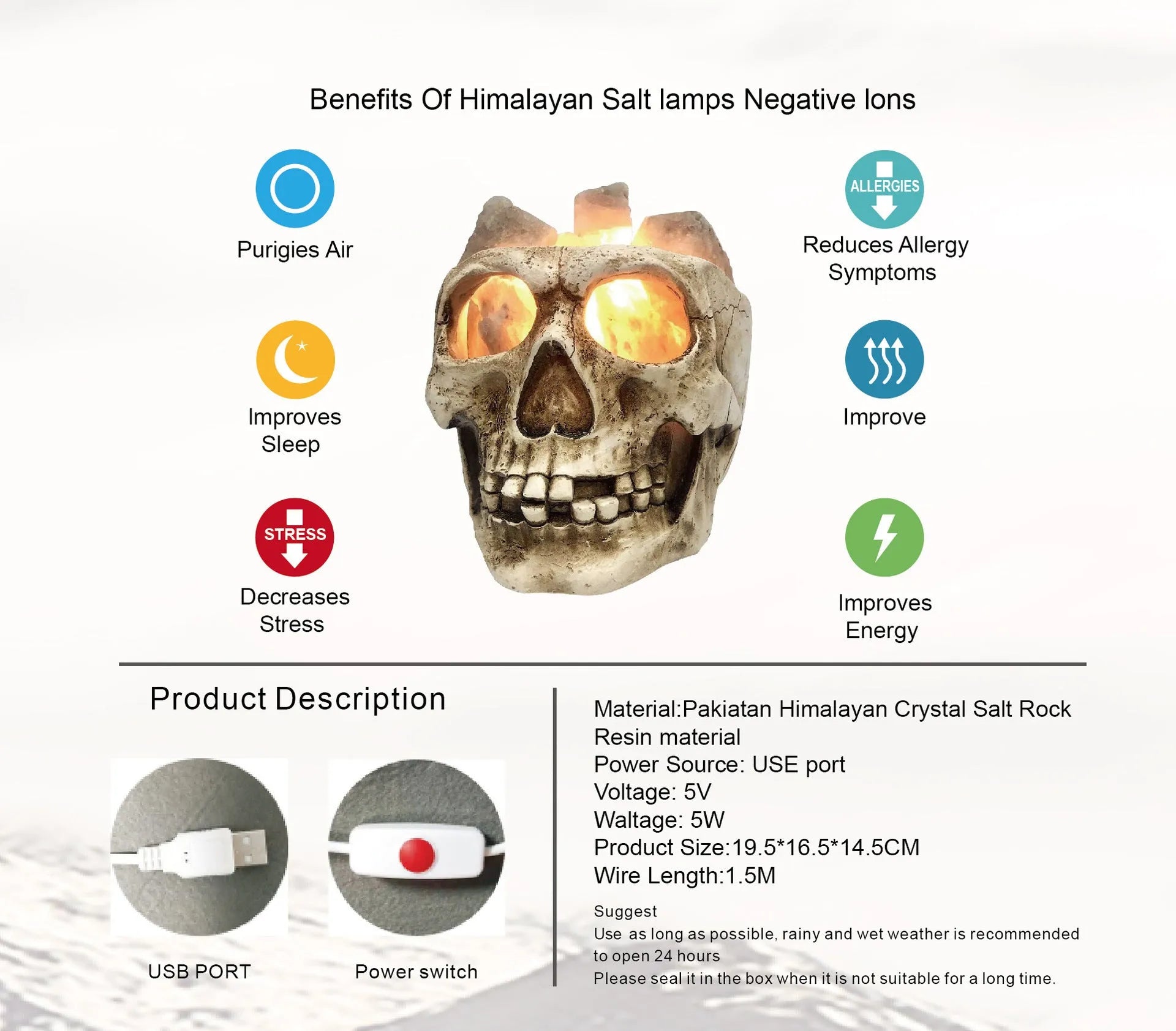Skull-shaped Himalayan crystal salt lamp with USB dimmable LED showing warm amber light on a resin base
