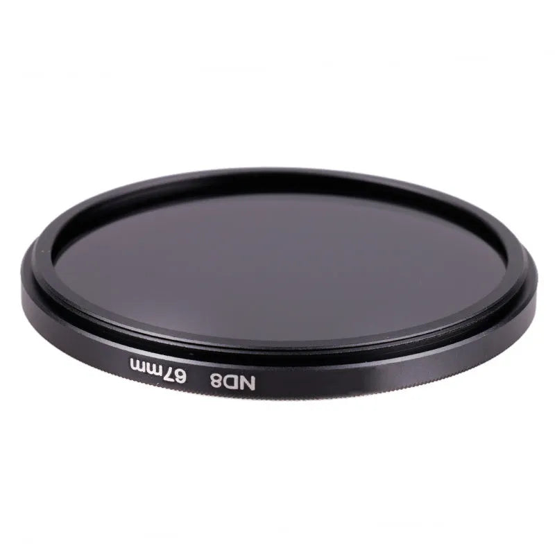Slim aluminium ND8 camera filter showing front glass and threaded mount, with size markings visible.