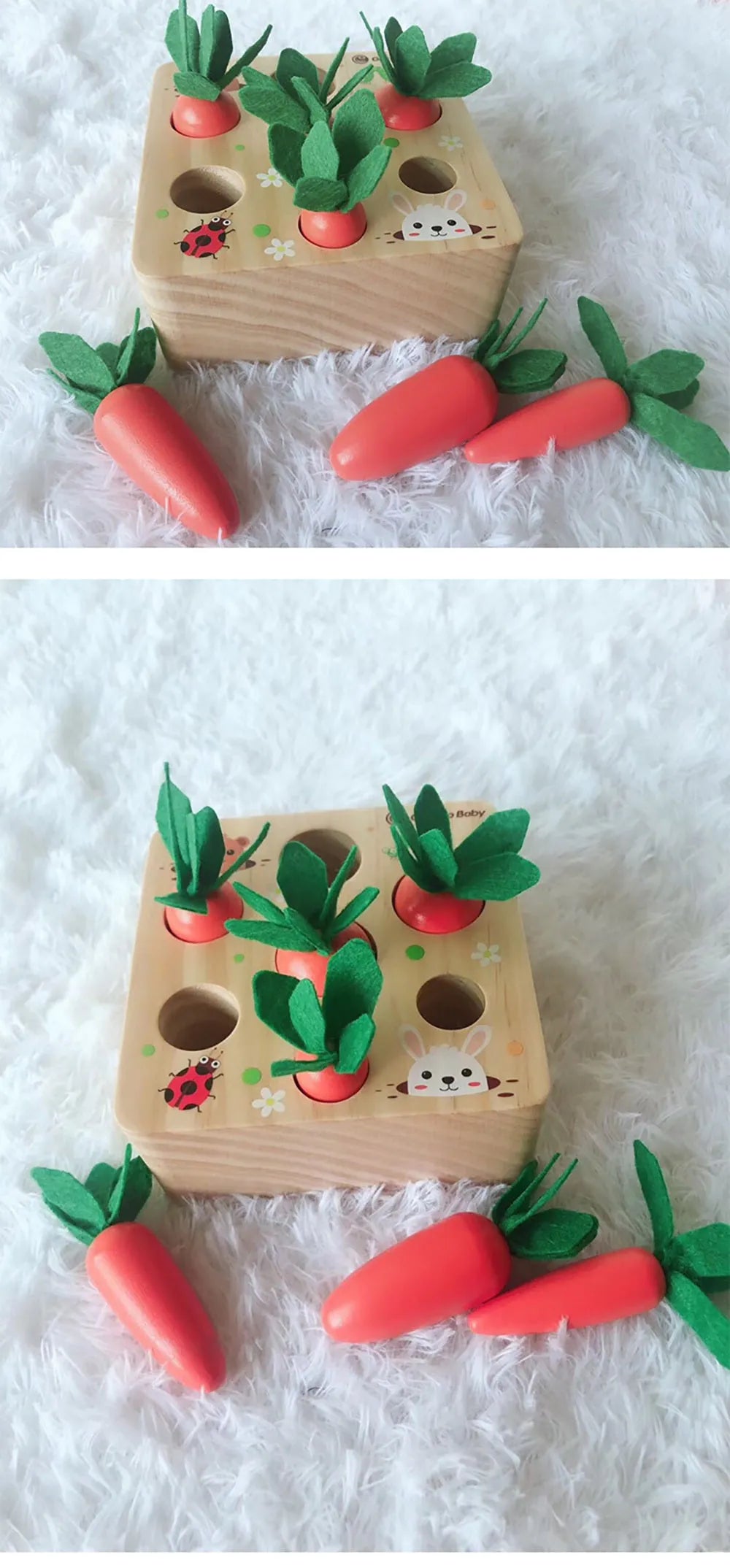 Wooden educational toy shaped like harvest carrots for toddler cognitive development.