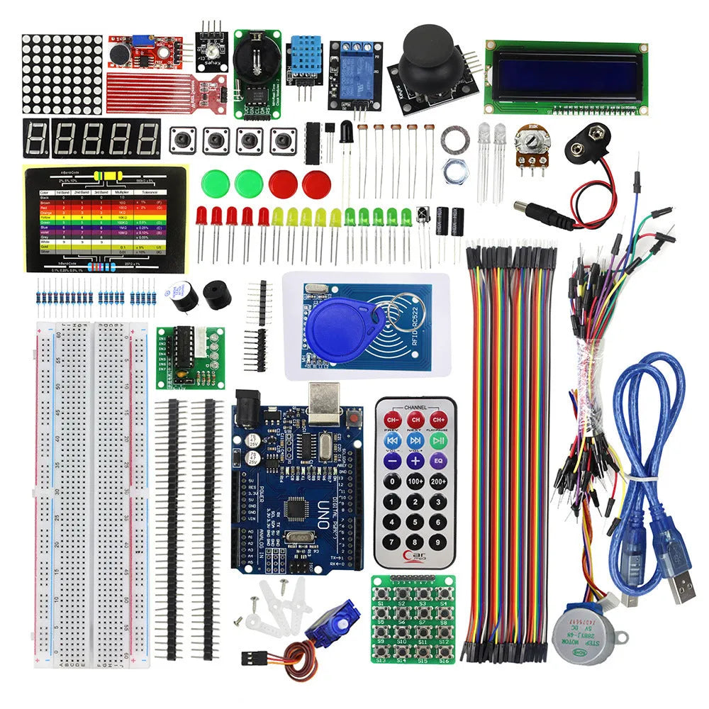 RFID upgraded Arduino starter kit with stepper motor, UNO board, breadboard, LCD and various sensor modules on a table