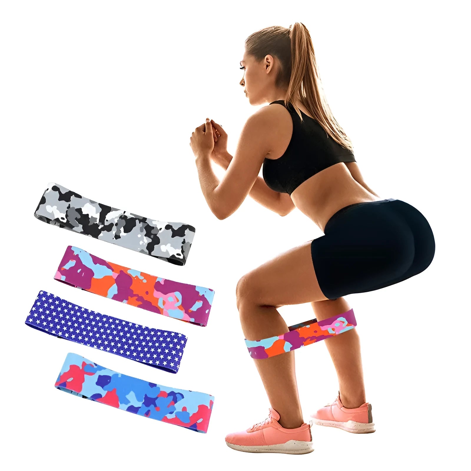 Anti-slip camouflage resistance band in polyester cotton blend, available in S, M, and L sizes, colours Blue, Grey, and Orange