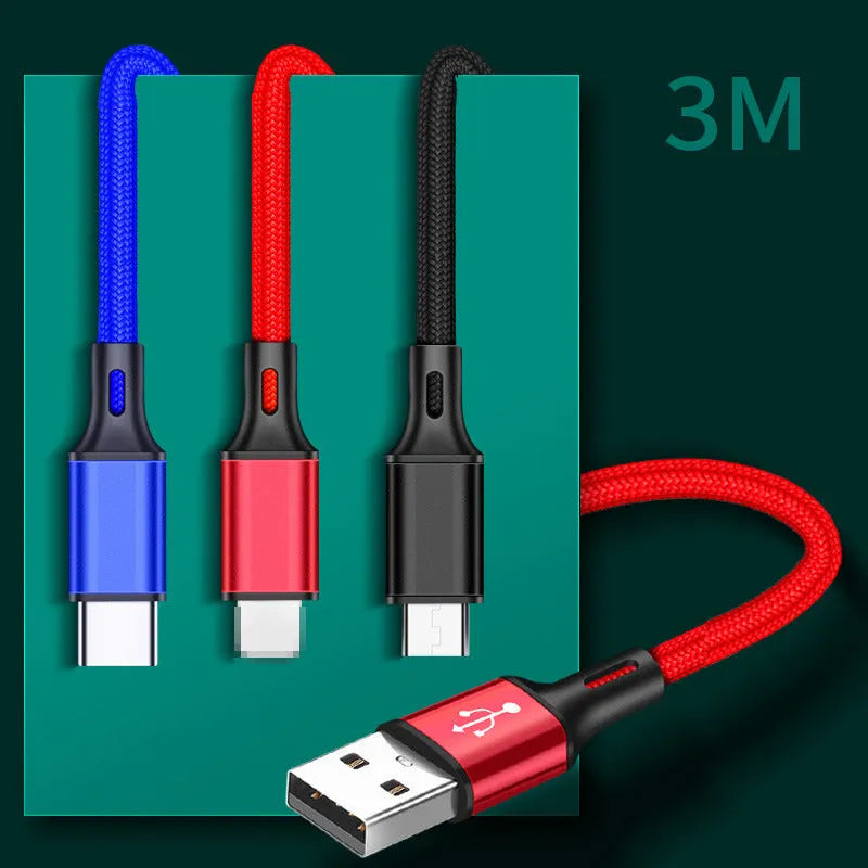 Braided data cable in black, blue, gold, red or silver with Android, iPhone or Type-C connector, 5V/2A, lengths 0.25m to 3m