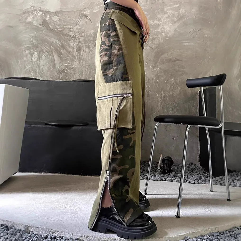 Dark khaki leopard print high waist straight leg jeans with retro tooling style and fake two stitching