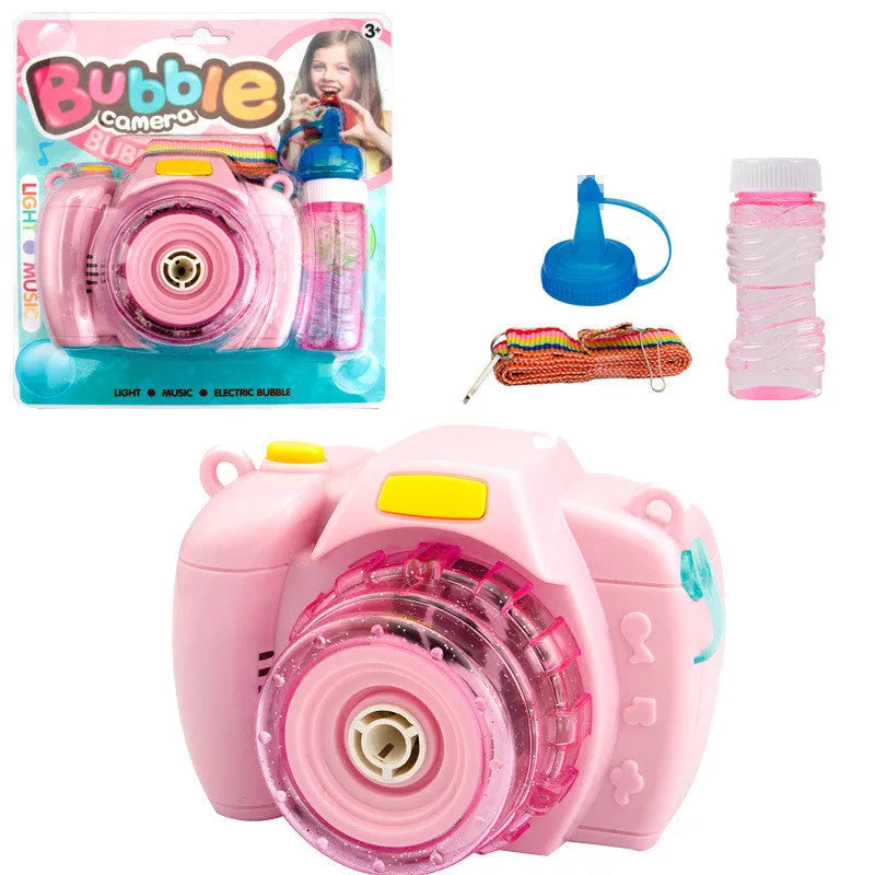 Yellow camera-shaped automatic bubble machine toy with flashing lights on green background