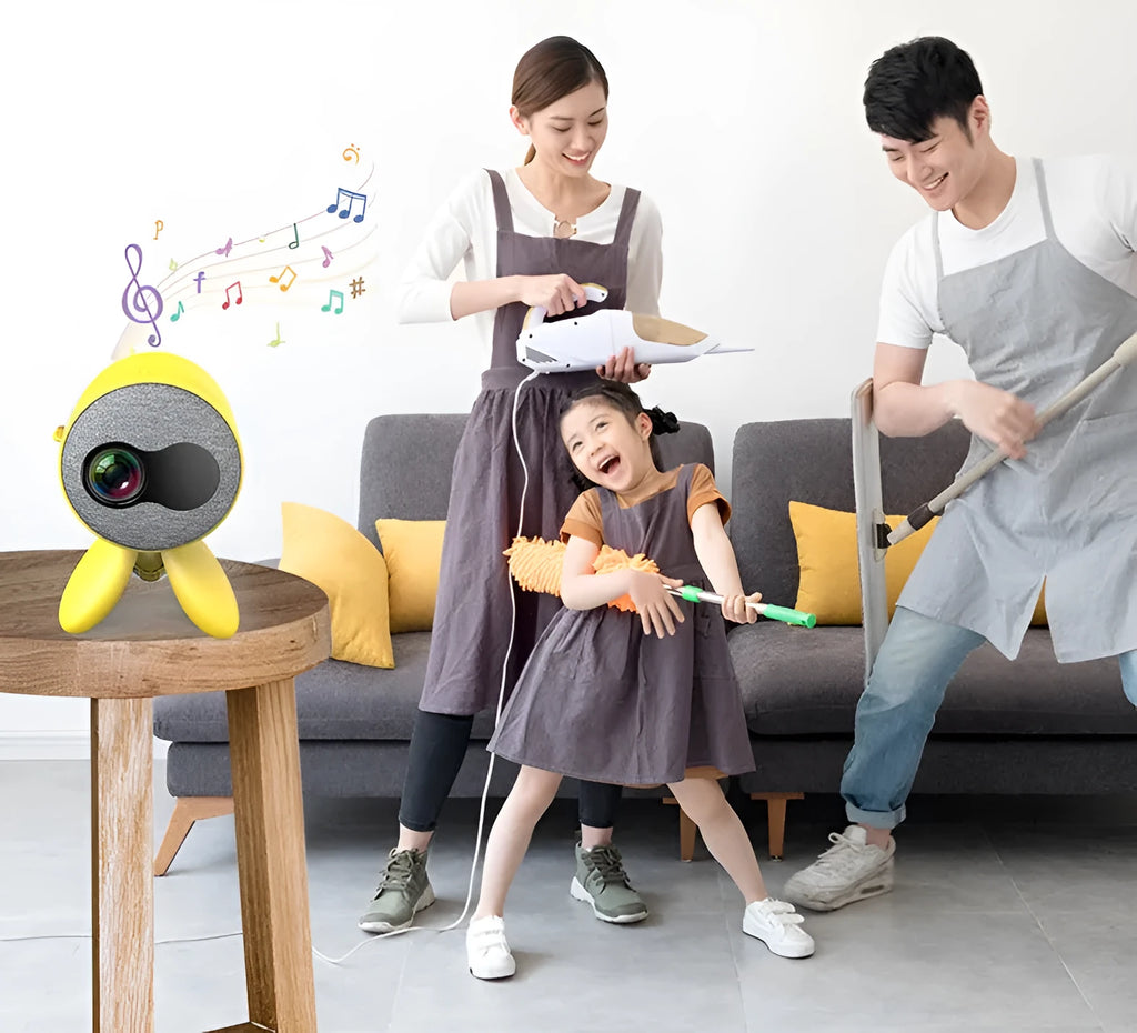 YG220 yellow and white LED projector showing front projection design with multiple international plug types