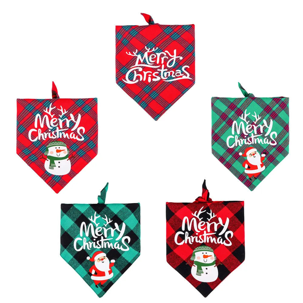 Red and black plaid Christmas pet towel on a dog, pure cotton scarf bib