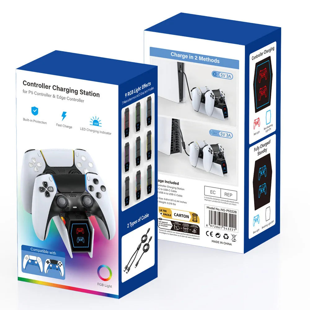 White wireless handle charger for PS5 controller with RGB LED indicator, ABS plastic, size 18.8x5.9x16.8cm