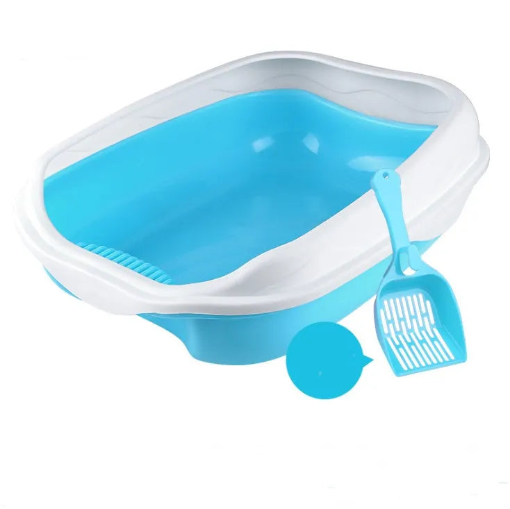Large blue semi-enclosed thickened plastic cat litter box with cat shovel and optional mat