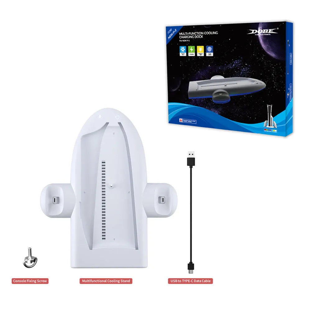 White PS5 Slim charging dock station with RGB ambient lighting and cooling pad functionality