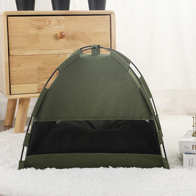 Cat tent dog bed with cushion, cooling mat, portable pet sofa in military green and turquoise gray