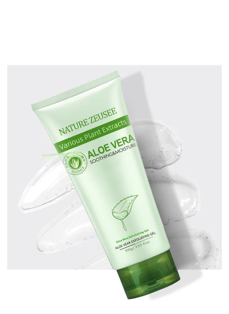 Aloe vera exfoliating gel 100g in picture colour tube with ingredient list including aloe vera, fruit oil, sodium hyaluronate