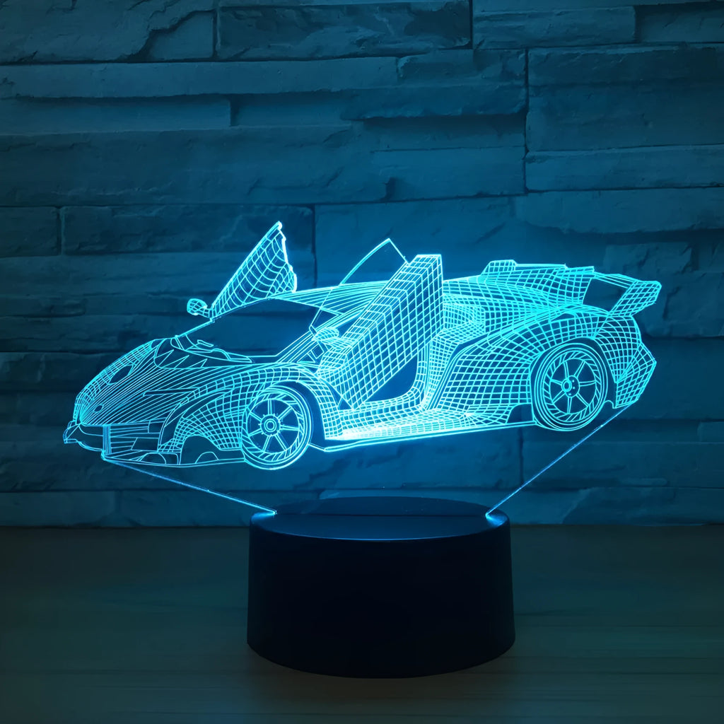 Lamborghini 3D LED night light with USB cable showing black finish from front angle