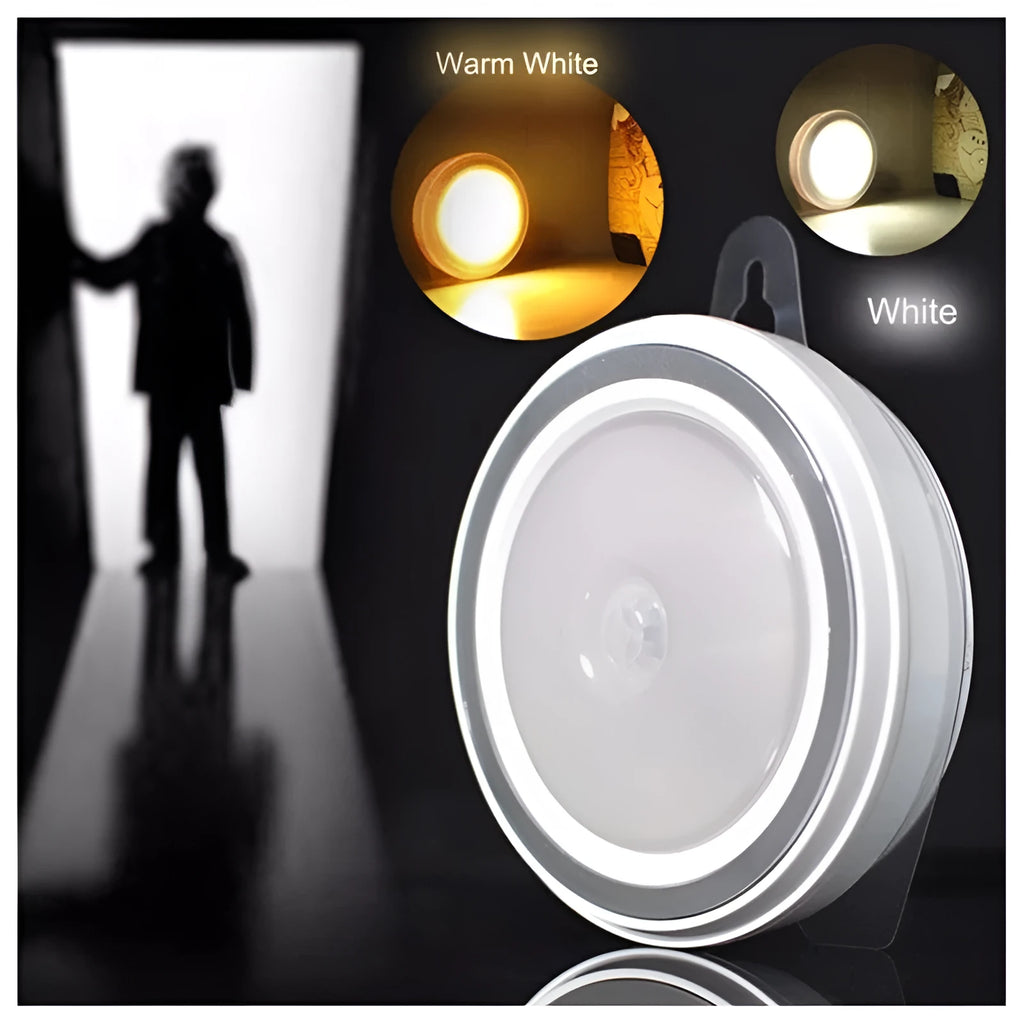 Circular white motion sensor LED night light showing diameter of 80mm with infrared sensor and five LEDs visible
