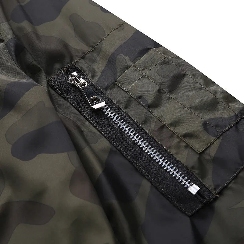 Men's camouflage bomber jacket with stand collar, zip front, long sleeves, and welt pockets in army green or dark grey