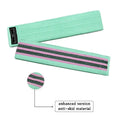 Fabric resistance band in purple, pink, and lake blue colours with a net storage bag.