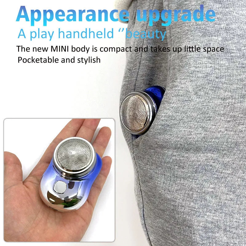 Mini portable USB rechargeable electric shaver with rotary 1-blade head, aluminium body, silver colour, wet and dry use