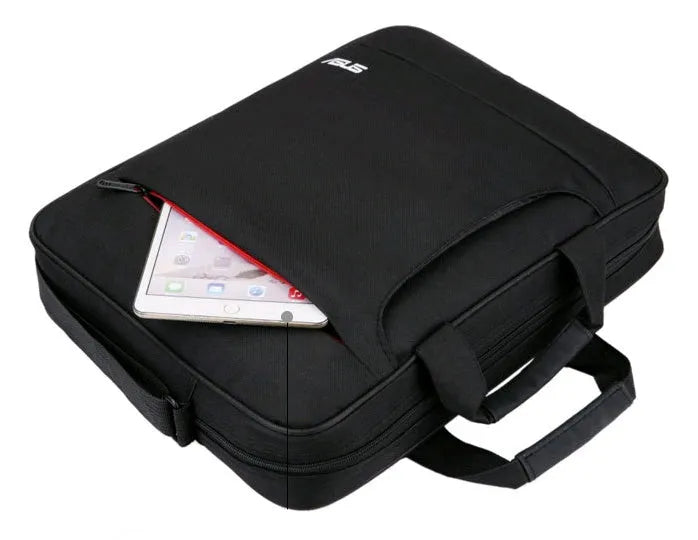 Black waterproof polyester laptop bag with diagonal shoulder strap, suitable for 15.6-inch laptops